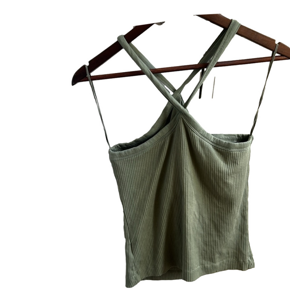 Old Navy Green Ribbed Women’s Cross Strap Tank Top w/Built In Shelf Bra - Picture 2 of 2